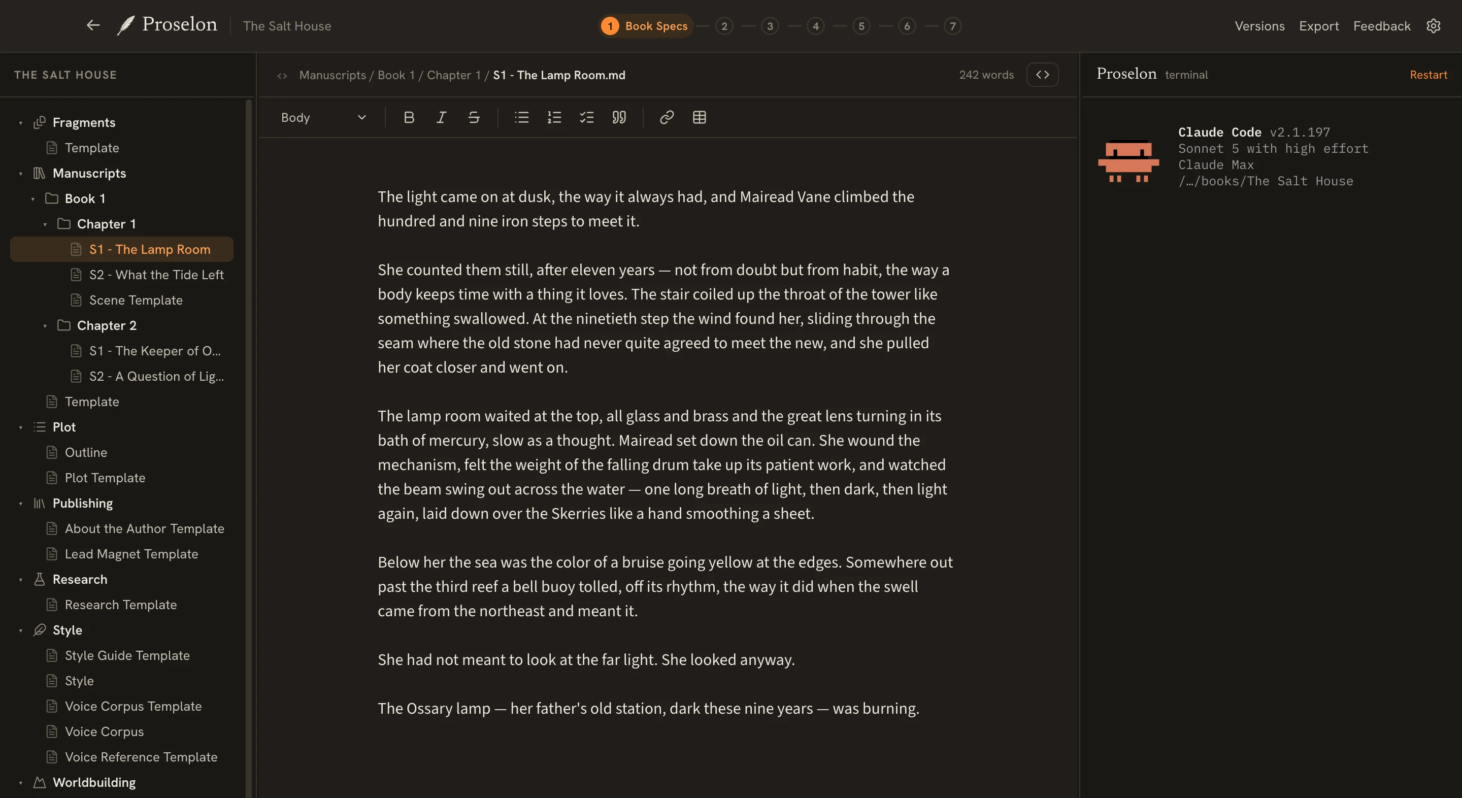 The Proselon editor in the Wattpad theme, dark mode