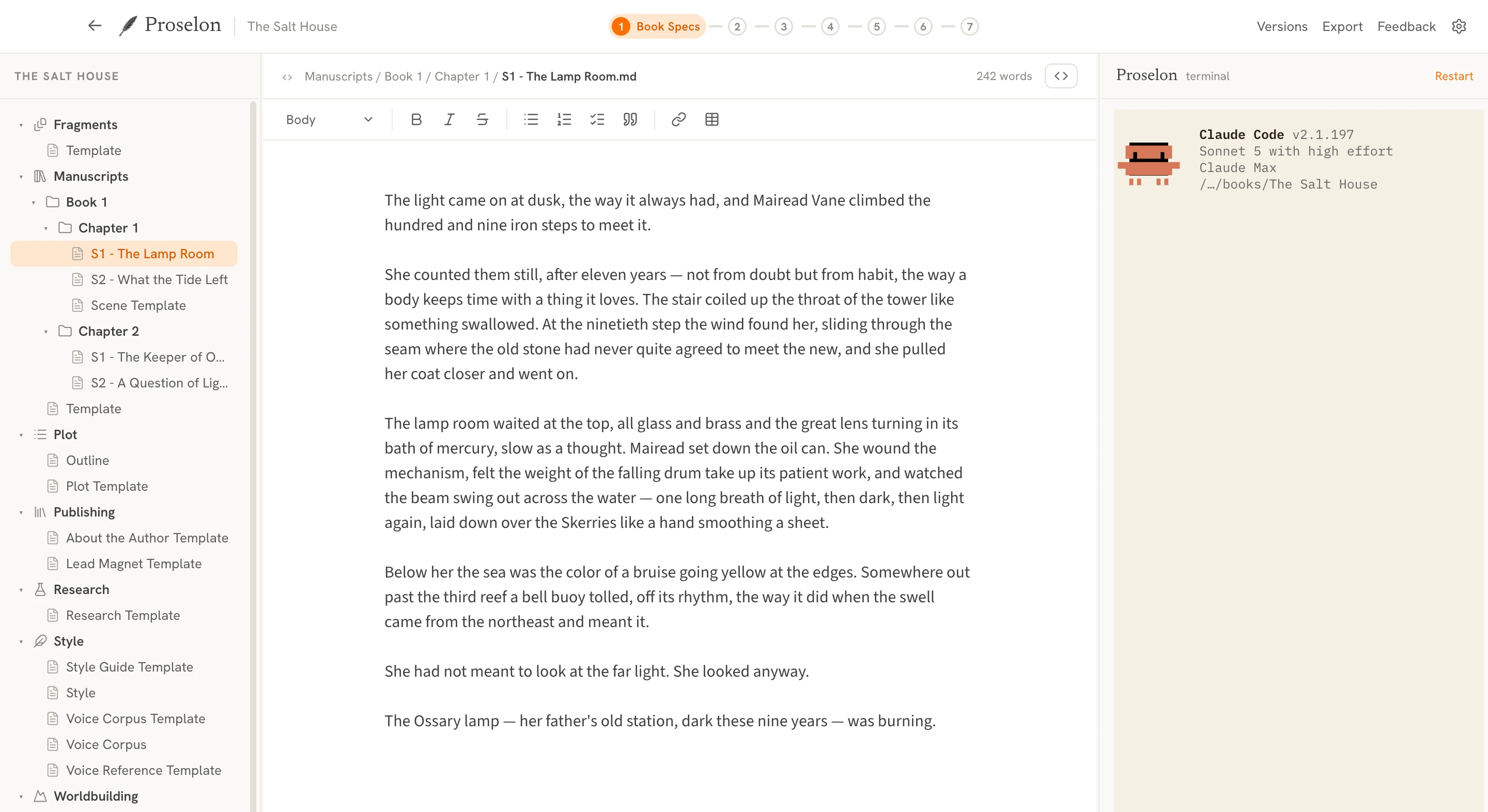The Proselon editor in the Wattpad theme, light mode