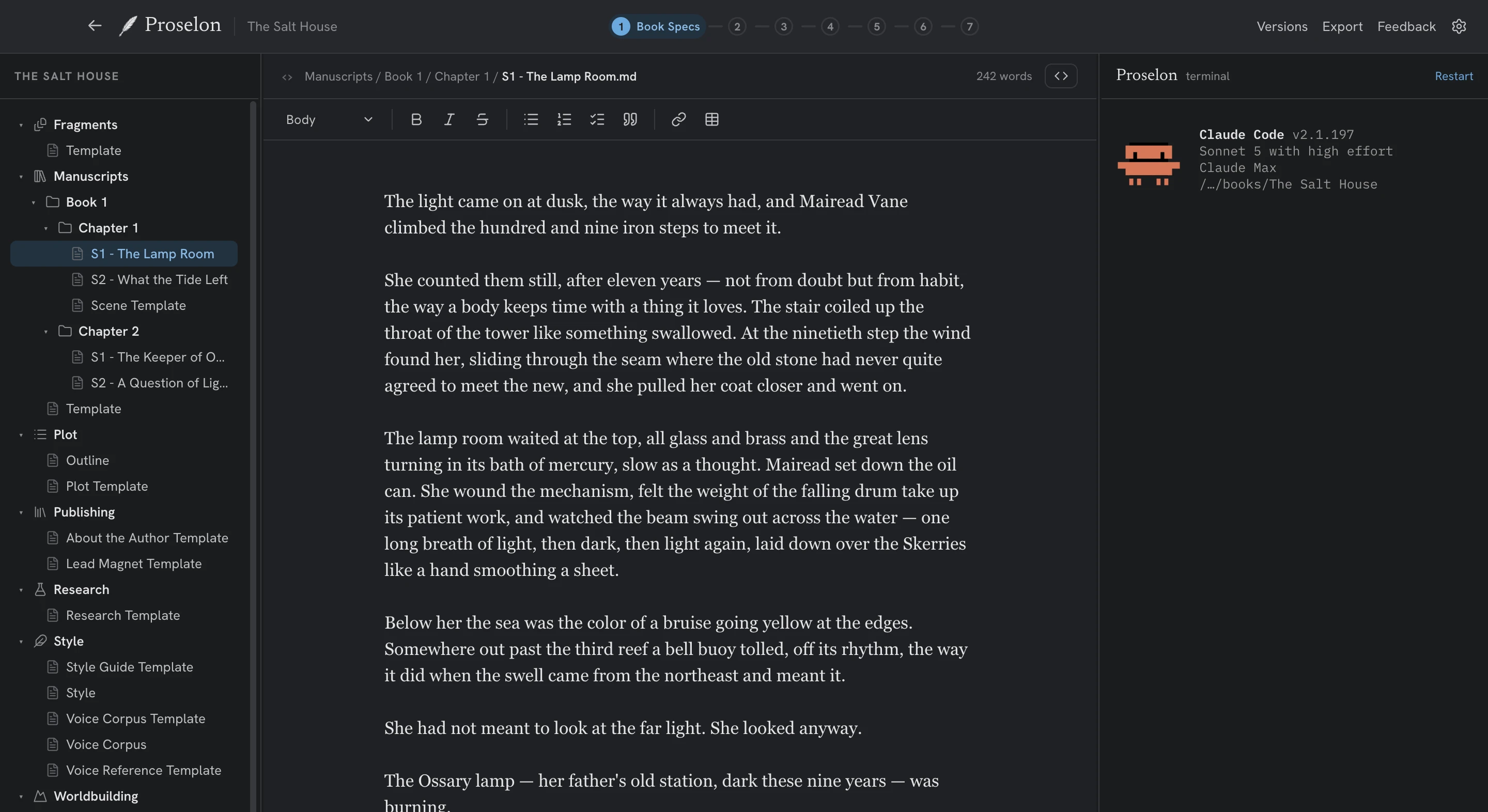 The Proselon editor in the FanFiction.net theme, dark mode