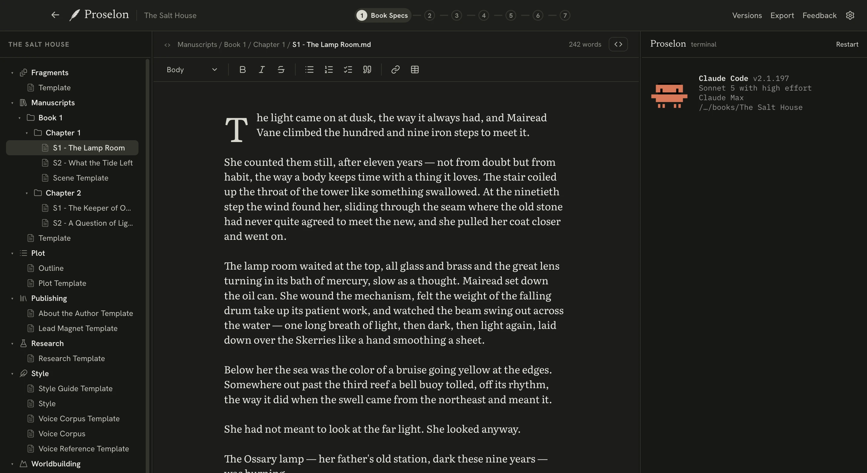 The Proselon editor in the Ivory & Ink theme, dark mode
