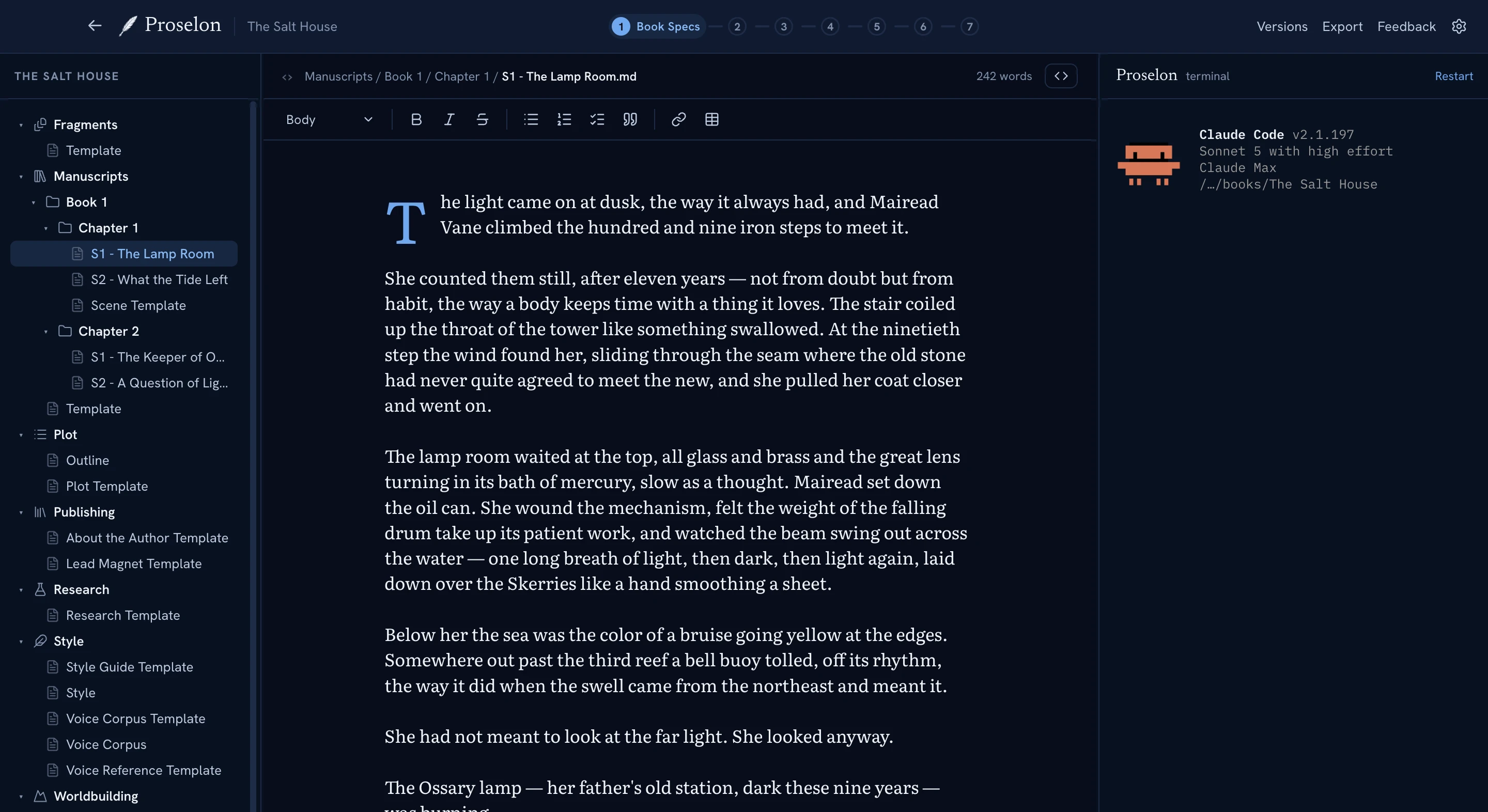 The Proselon editor in the Cloud & Navy theme, dark mode
