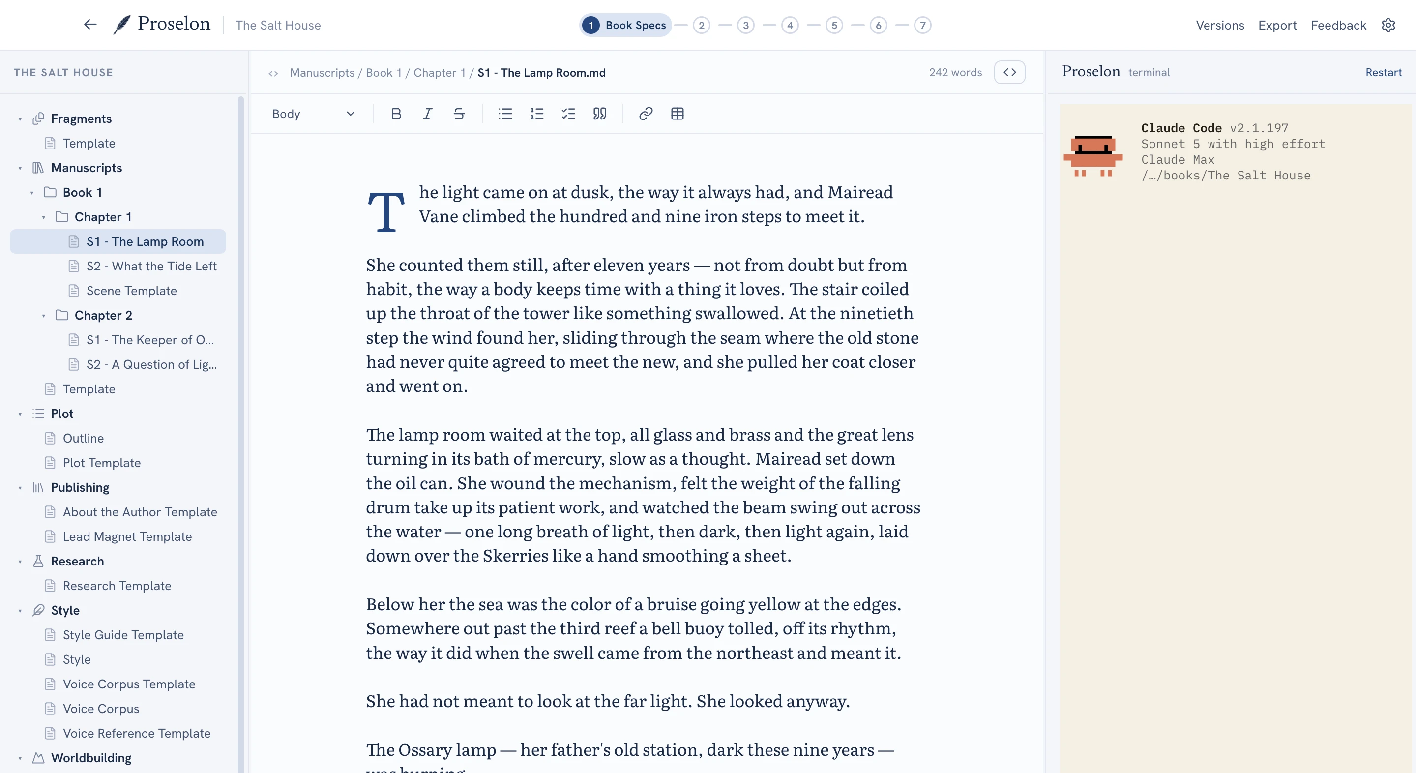 The Proselon editor in the Cloud & Navy theme, light mode