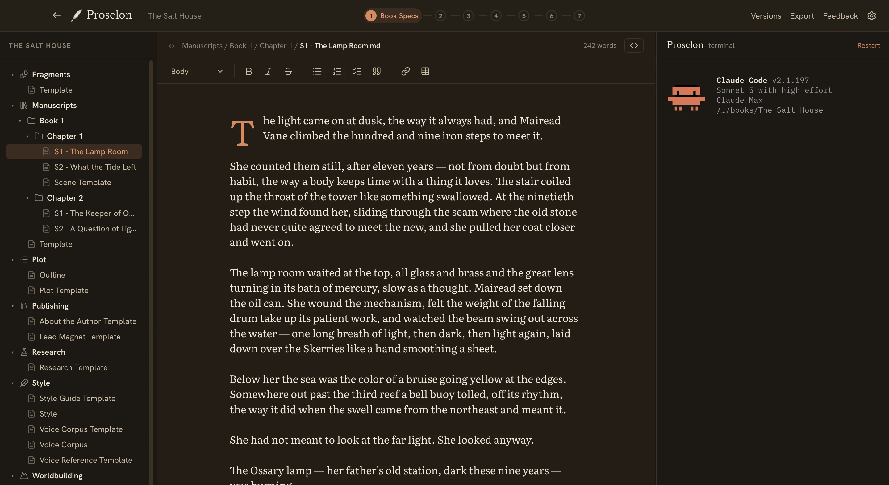 The Proselon editor in the Paper & Terracotta theme, dark mode