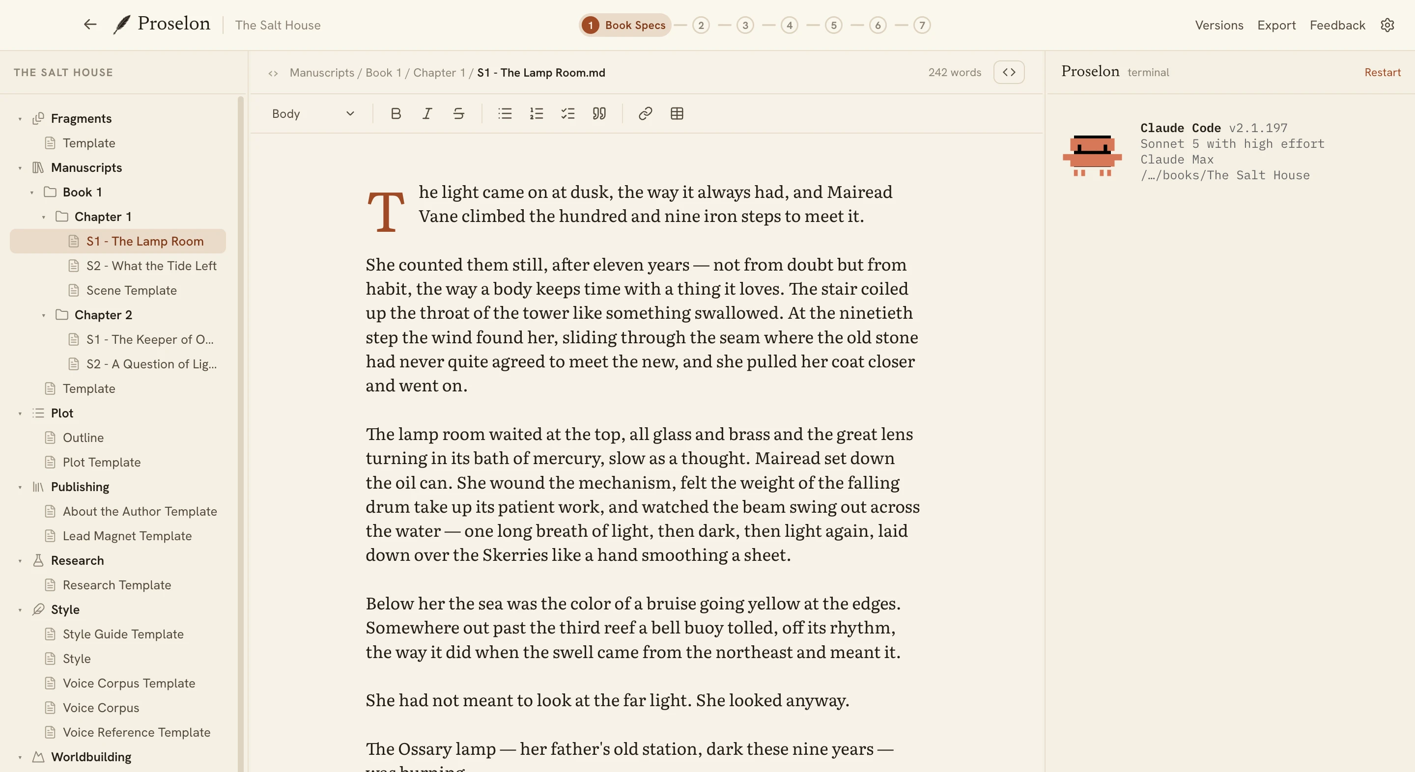 The Proselon editor in the Paper & Terracotta theme, light mode